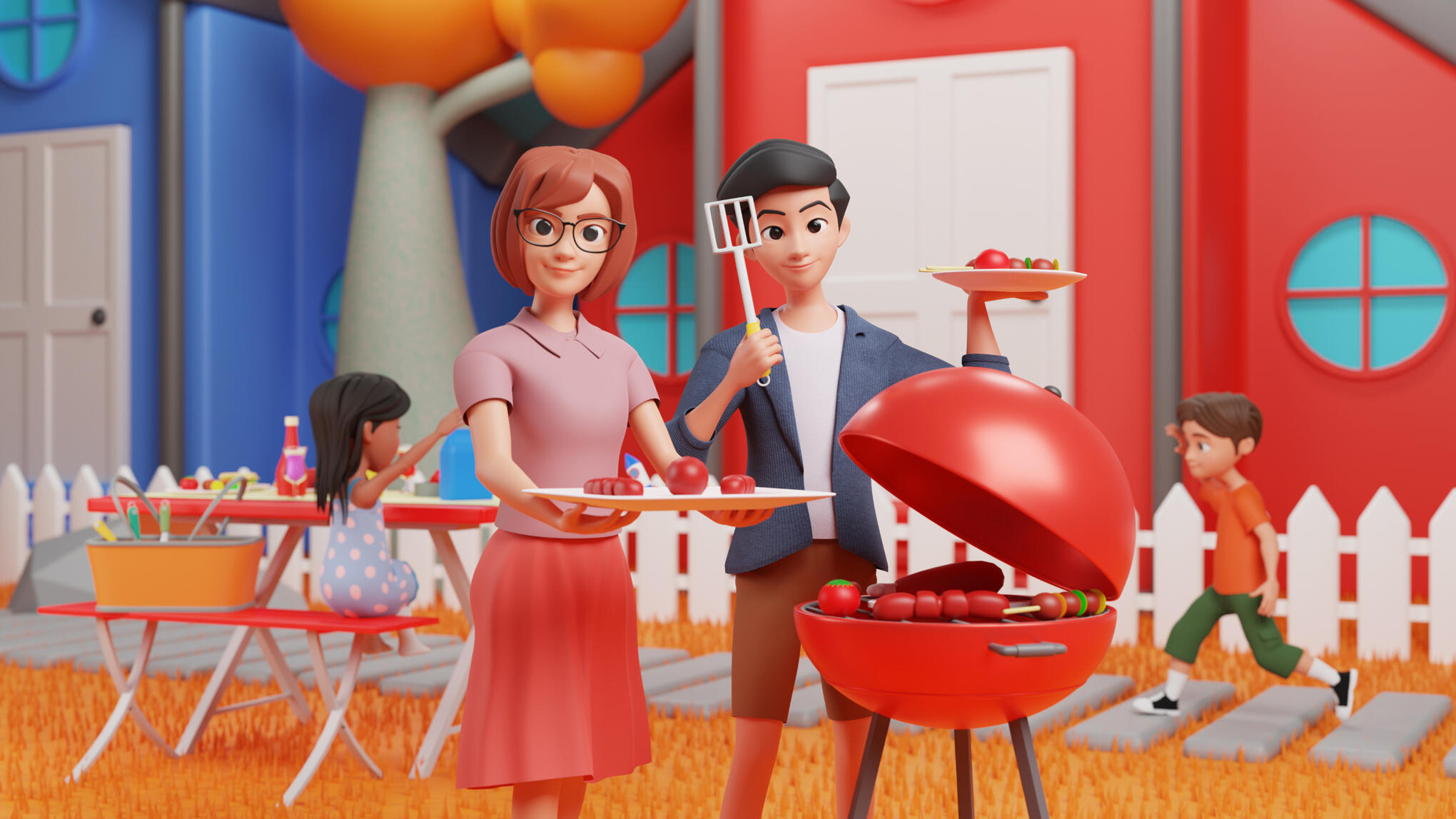 BBQ scene in Blender with 3D illustrations