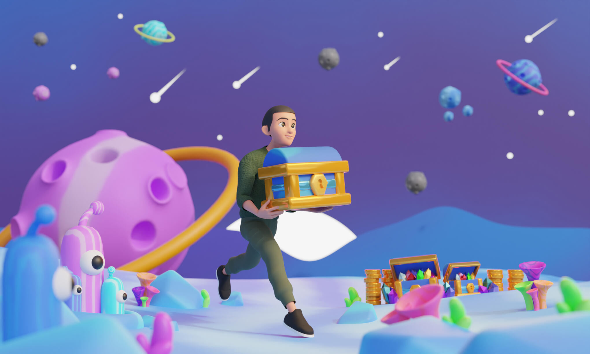 Galaxy 3D scene with 3D illustrations in Blender.