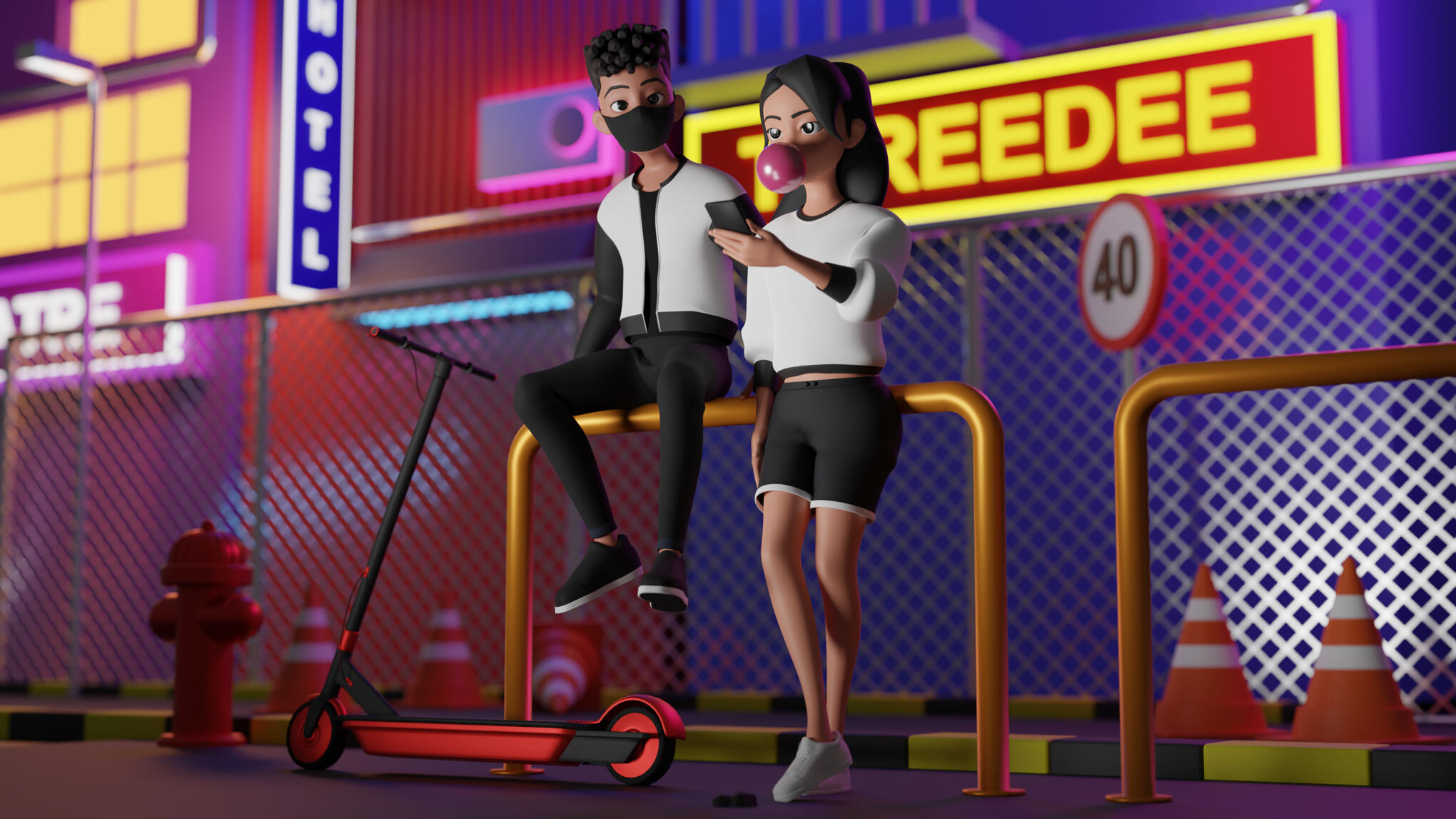 City 3D scene with 3D illustrations in Blender